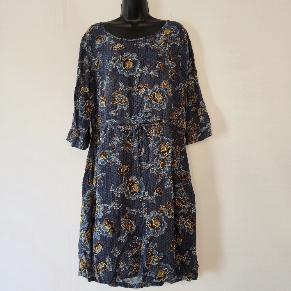 Woman Within Casual Knee Length Dress Blue Grey Floral Drawstring Pockets 20W